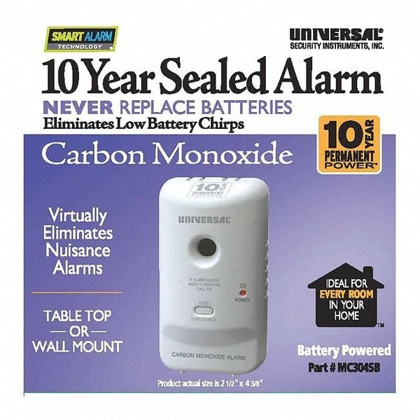 Universal Security Instruments Carbon Monoxide Alarm, 85 dB @ 10 ft, 10 Year Permanent Power Sealed Battery, Electrochemical - MC304SB