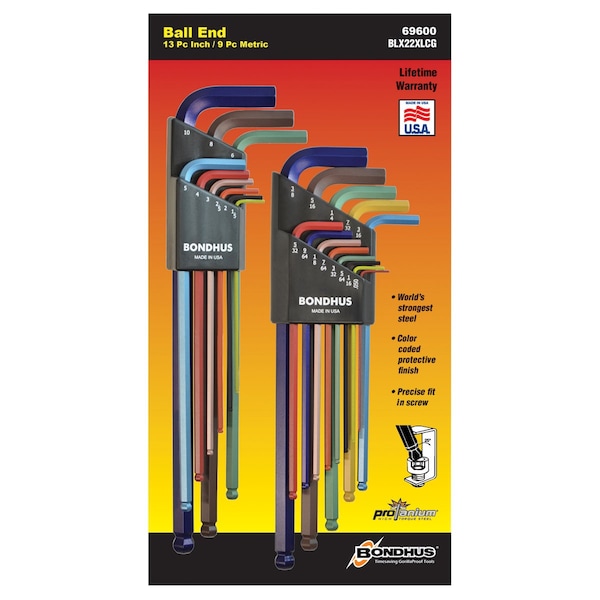 Llave Allen en Forma de L con Protección de Color Bondhus, 22 Piezas - BND69600