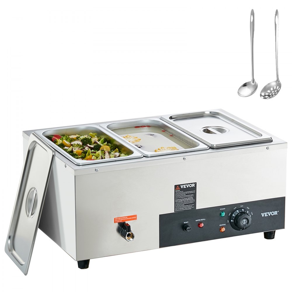 VEVOR 3-Pan Commercial Food Warmer, 3 x 8QT Electric Steam Table, 1500W Professional Countertop Stainless Steel Buffet Bain Marie with 86-185°F Temp Control for Catering and Restaurants, Silver - BWT338QT1500WDRNAV1