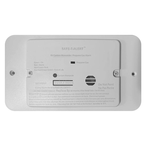 Safe-T-Alert Flush Mount Combination Carbon Monoxide/Propane Alarm with Trim Ring 12V DC Hard Wire - White - 25-742-WT-TR