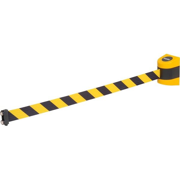 Global Industrial Magnetic Retractable Belt Barrier, Yellow Case W/ 15ft Black/Yellow Belt - 708418YB