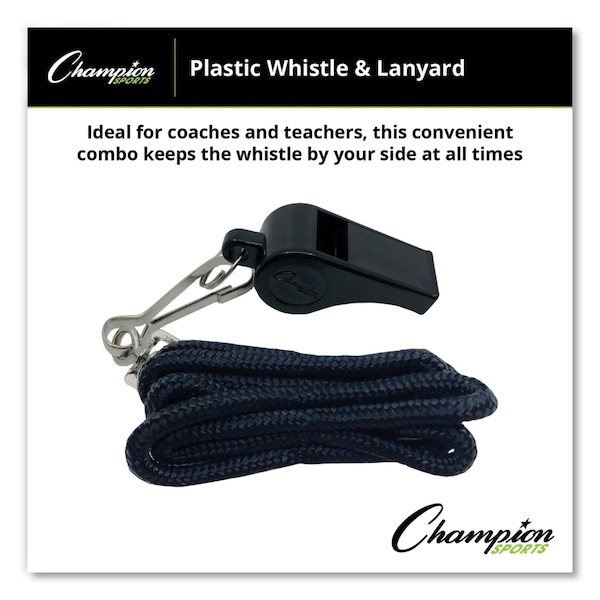 Champion Sports Sports Whistle with Black Nylon Lanyard, Plastic, Black, PK12, 12PK - BP601
