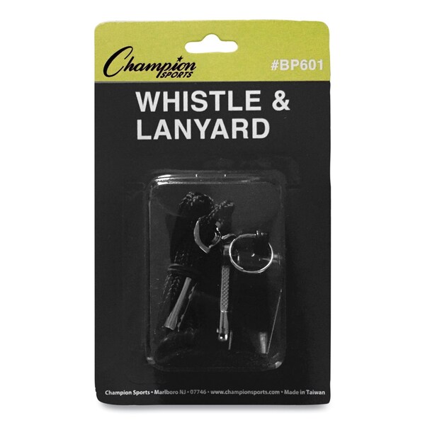 Champion Sports Sports Whistle with Black Nylon Lanyard, Plastic, Black, PK12, 12PK - BP601