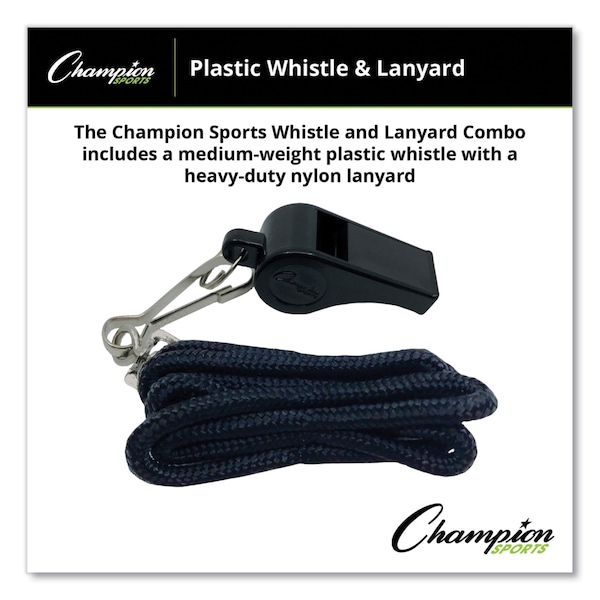 Champion Sports Sports Whistle with Black Nylon Lanyard, Plastic, Black, PK12, 12PK - BP601