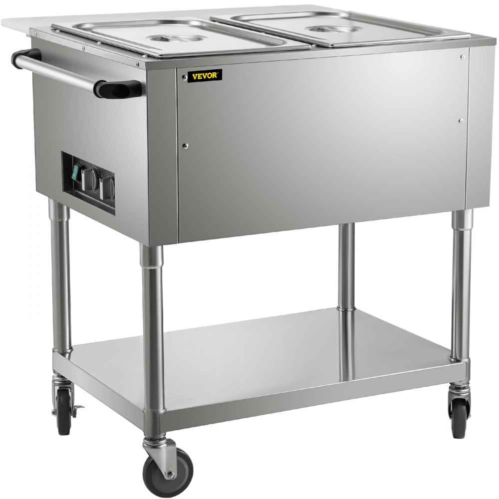 VEVOR Commercial Electric Food Warmer, 2-Pot Steam Table Food Warmer 0-100℃ w/ 2 Lockable Wheels, Professional Stainless Steel Material with ETL Certification for Catering and Restaurants - WZB1000W2110VCY8PV1