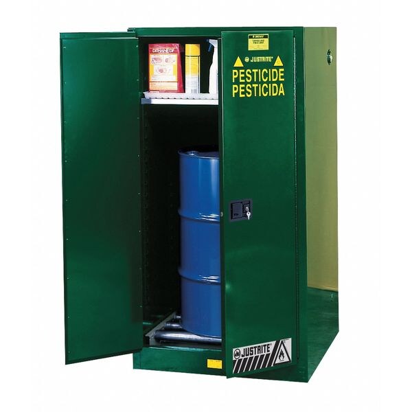Justrite Pesticide Safety Cabinet, 55 gal, 1 Shelves, Steel, 34 in W x 65" H x 34 in D, Green - 896264
