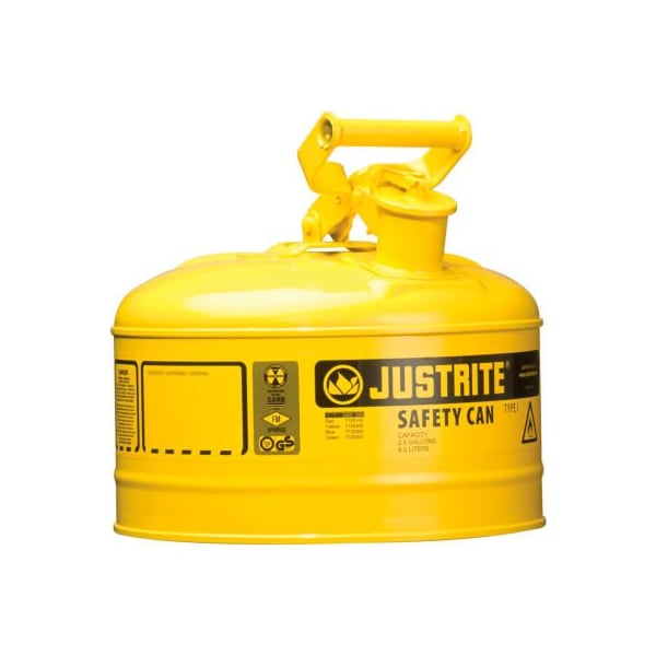 Justrite Safety Can, Steel, 2.5 gal, Yellow, 11 3/4 in Dia. - 7125200