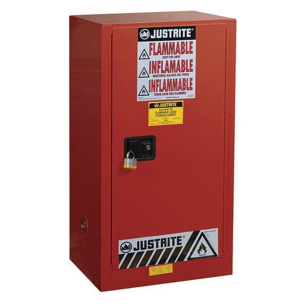 Justrite Flammables Safety Cabinet, 20 gal, 2 Shelves, Steel, 23 1/4 in W x 44 in H x 18 in D, Red - 891511