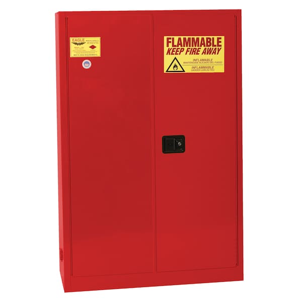 Eagle Mfg Flammables Safety Cabinet, 45 gal, 2 Shelves, Steel, 43 in W x 65 in H x 18 in D, Red - 1947XRED