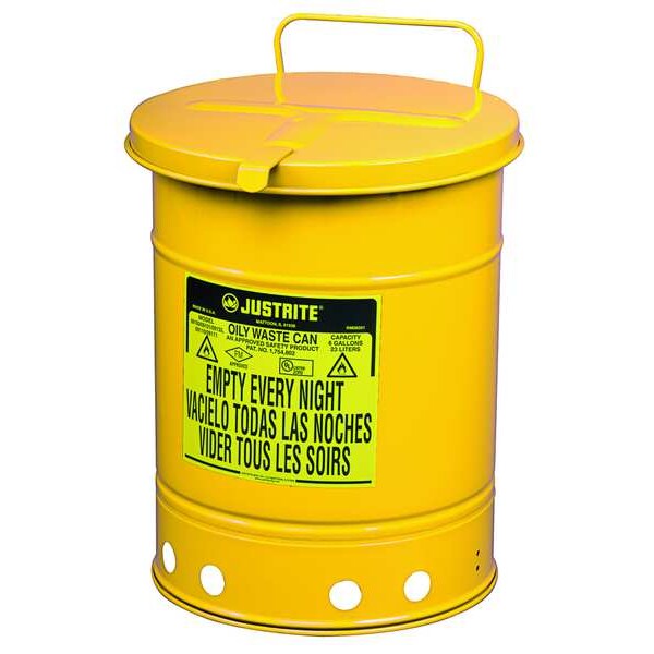 Justrite Oily Waste Can, 14 Gal., Steel, Yellow - 09511