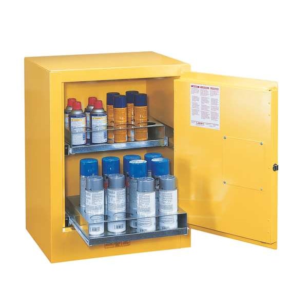 Justrite Flammables Safety Cabinet, 24 Aerosol Cans, 1 Shelves, Steel, 21 in W x 27 in H x 18 in D, Yellow - 890500