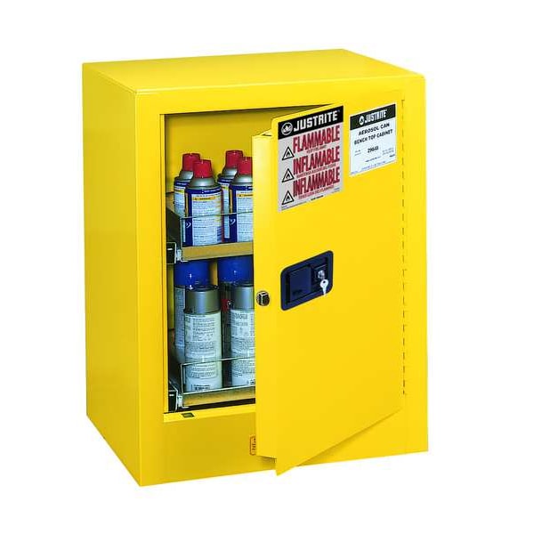 Justrite Flammables Safety Cabinet, 24 Aerosol Cans, 1 Shelves, Steel, 21 in W x 27 in H x 18 in D, Yellow - 890500
