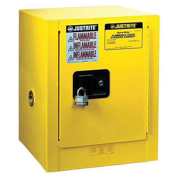 Justrite Flammables Safety Cabinet, 4 gal, 1 Shelves, Steel, 17 in W x 22 in H x 17 in D, Yellow - 8904205