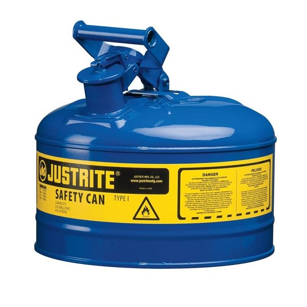 Justrite Safety Can, Steel, 2.5 gal, Blue, 11 3/4 in Dia., Kerosene - 7125300