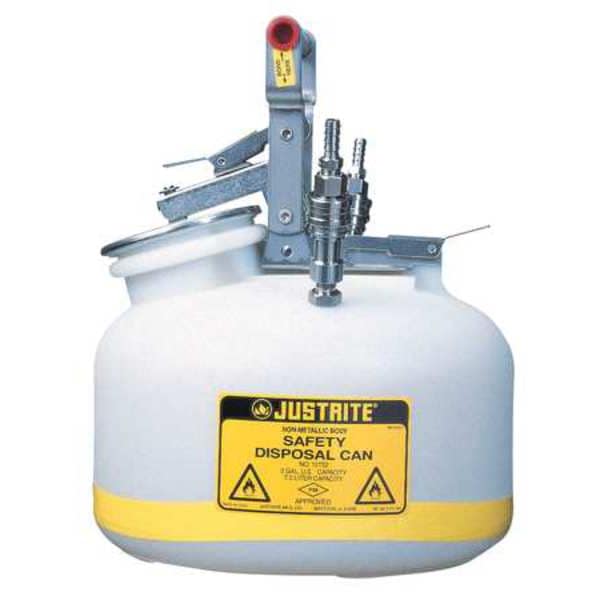 Justrite HPLC Waste Can, Polyethylene, Polypropylene, 2 gal, White, 12 in Dia., Solvents - TF12752