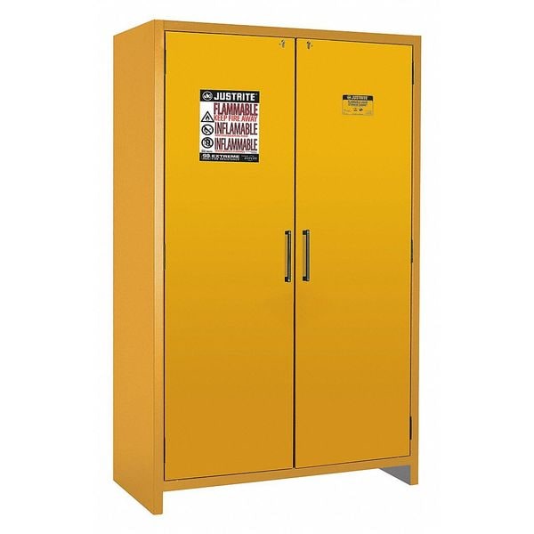 Justrite Flammables Safety Cabinet, 45 gal, 3 Shelves, Steel, 47 in W x 77 in H x 24 1/4 in D, Yellow - 22607
