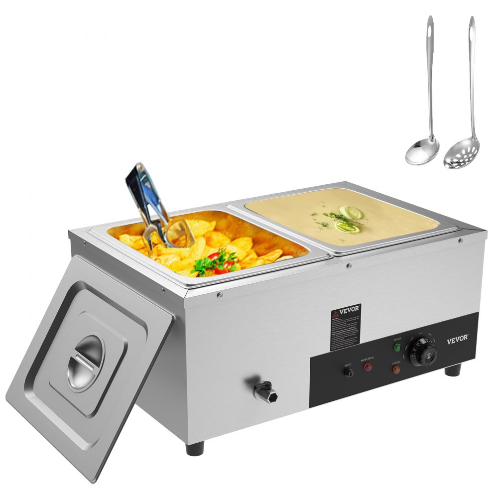 VEVOR 2-Pan Commercial Food Warmer, 2 x 12QT Electric Steam Table, 1500W Professional Countertop Stainless Steel Buffet Bain Marie with 86-185°F Temp Control for Catering and Restaurants, Silver - BW2212QT1500WRC5CV1