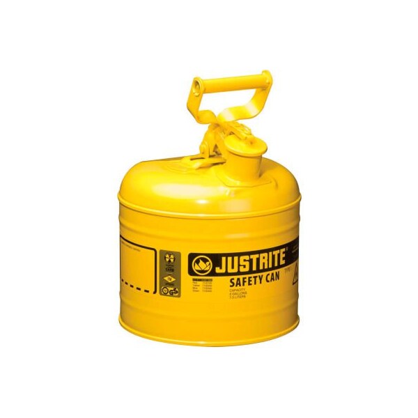 Justrite Safety Can, Steel, 2 gal, Yellow, 9 1/2 in Dia. - 7120200