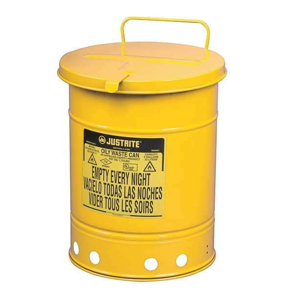 Justrite Oily Waste Can, 21 Gal., Steel, Yellow - 09711