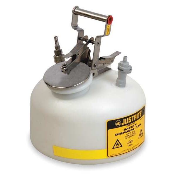 Justrite HPLC Waste Can, Polyethylene, Polypropylene, 2 gal, White, 12 in Dia., Solvents - BY12752