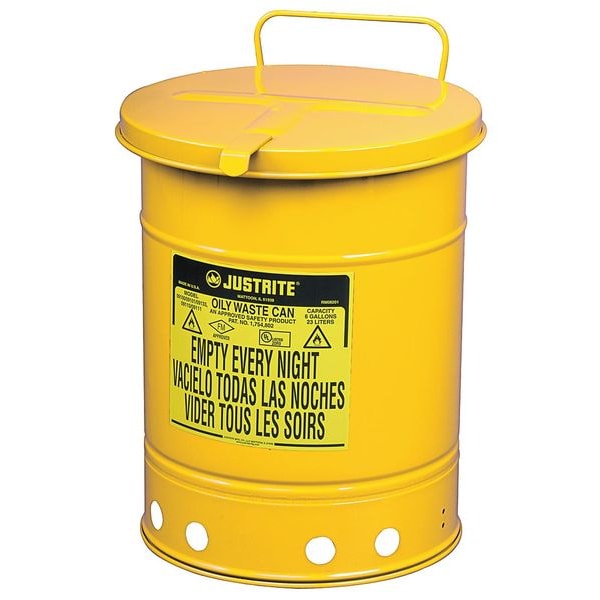 Justrite Oily Waste Can, 10 Gal., Steel, Yellow - 09311