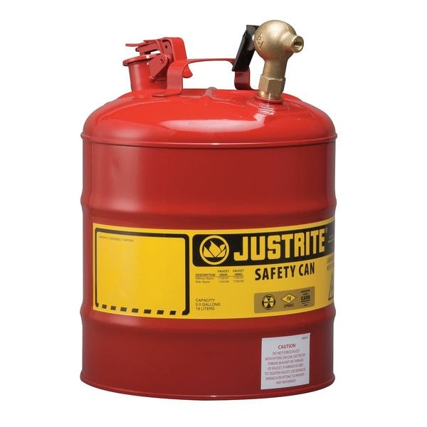 Justrite Safety Can, Steel, Brass, 5 gal, Red, 11 3/4 in Dia., Flammables - 7150147