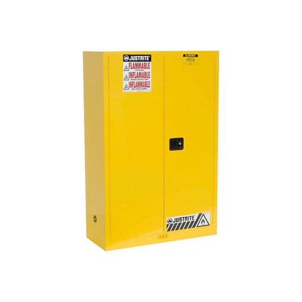 Justrite 45 gal, 2 Shelves, 18-Gauge Steel, 43 in W x 65 in H x 18 in D, Yellow - 894500