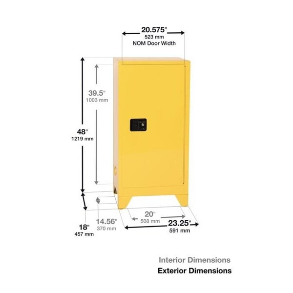 Justrite 16 gal, 1 Shelves, 18-Gauge Steel, 23.25 in W x 48 in H x Yellow - 1905XLEGS