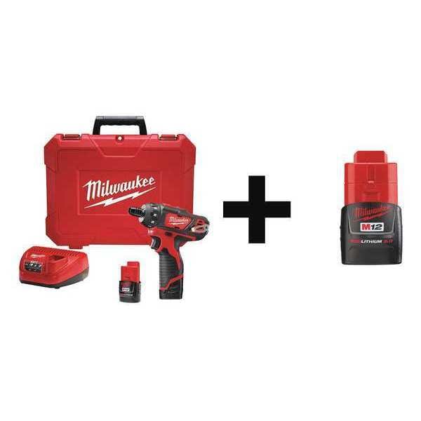 Milwaukee Tool Cordless Screwdriver Kit, Chuck Size 1/4 in, 12 V, Includes Batteries - 2406-22, 48-11-2420