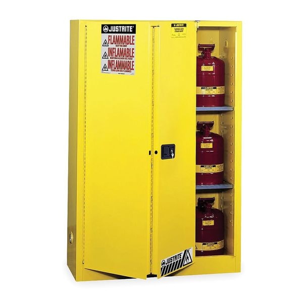 Justrite Flammables Safety Cabinet, 60 gal, 2 Shelves, Steel, 34 in W x 65 in H x 34 in D, Yellow - 896080