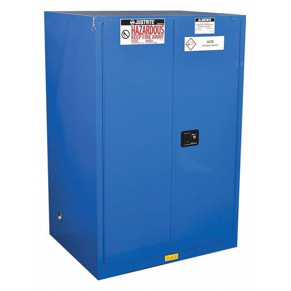 Justrite Hazmat Safety Cabinet, 90 gal, 2 Shelves, Steel, 43 in W x 65 in H x 34 in D, Blue - 869028