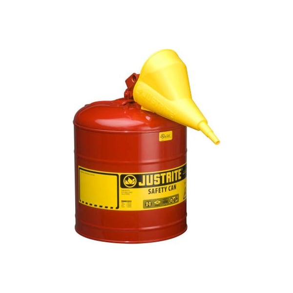 Justrite Safety Can, Steel/Polypropylene Funnel, 5 gal, Red, 11 3/4 in Dia. - 7150110