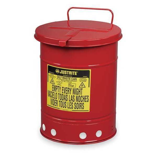 Justrite Oily Waste Can, 14 Gal., Steel, Red - 09510