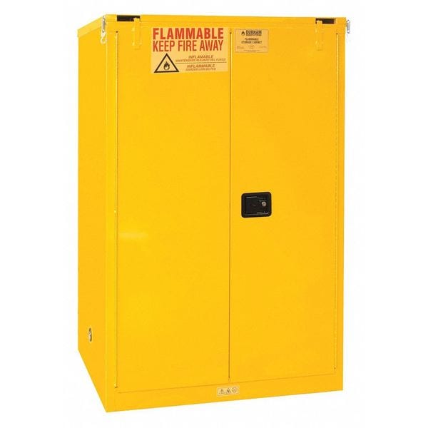 Durham Mfg Flammables Safety Cabinet, 90 gal, 2 Shelves, Steel, 43 in W x 66 1/2 in H x 34 in D, Yellow - 1090S-50