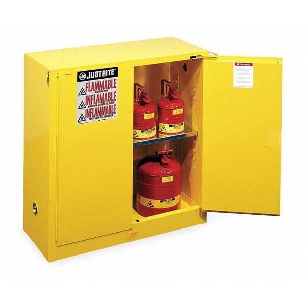 Justrite Flammables Safety Cabinet, 30 gal, 1 Shelves, Steel, 43 in W x 44 in H x 18 in D, Yellow - 893020