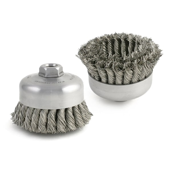 Brush Research Manufacturing BUDX414 Wire Cup Brush 4" Diameter, 1" Trim Length, 5/8-11 Arbor Hole, .014 Hi-Temp Carbon Steel - BUDX414