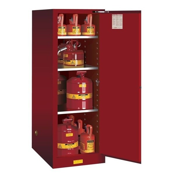 Justrite 54 gal, 3 Shelves, 18-Gauge Steel, 23.25 in W x 65 in H x 34 in D, Red - 895421
