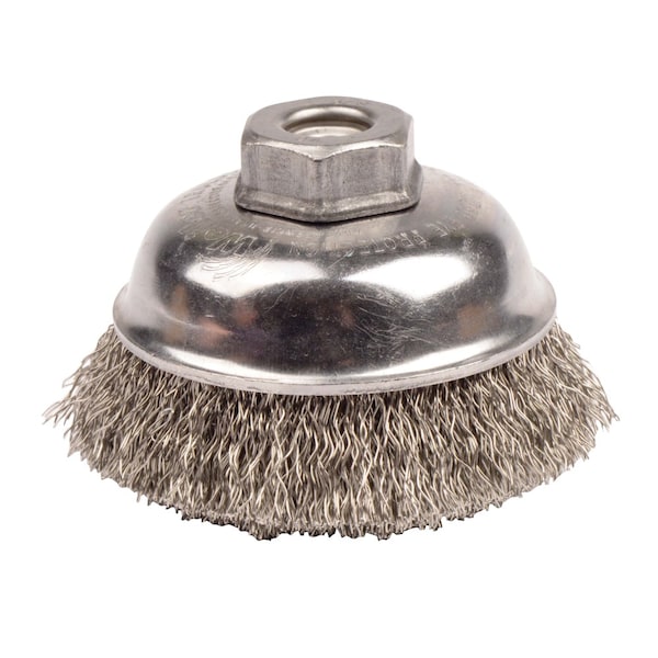 Weiler 3-1/2" Crimped  Cup Brush, .014" Stainless Steel Fill, 3/8"-24 UNF Nut - 13185