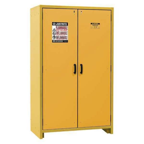 Justrite Flammables Safety Cabinet, 45 gal, 3 Shelves, Steel, 46 in W x 76 3/4 in H x 24 1/2 in D, Yellow - 22603