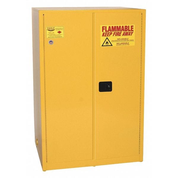 Eagle Mfg Flammables Safety Cabinet, 90 gal, 2 Shelves, Steel, 43 in W x 65 in H x 34 in D, Yellow - 9010X