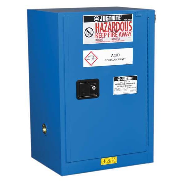 Justrite Hazmat Safety Cabinet, 12 gal, 1 Shelves, Steel, 23 1/4 in W x 35 in H x 18 in D, Blue - 861228
