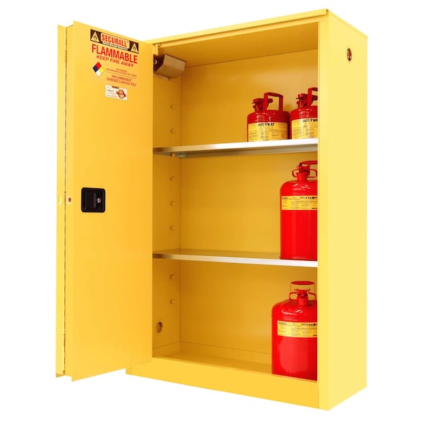 Securall 45 Gallon Flammable Storage Cabinet, Self-Close, Self-Latch Sliding Door, Yellow - A245