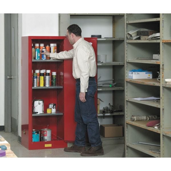 Justrite Flammables Safety Cabinet, 22 gal, 3 Shelves, Steel, 23 1/4 in W x 65 in H x 18 in D, Red - 892201
