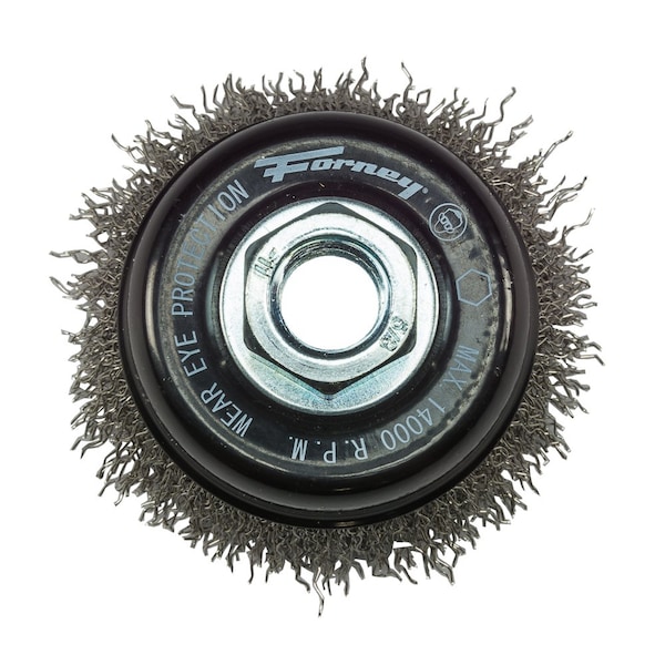 Forney Command PRO Cup Brush, Crimped, Stainless Steel, 2-3/4 in x .014 in x 5/8 in-11 - 72801