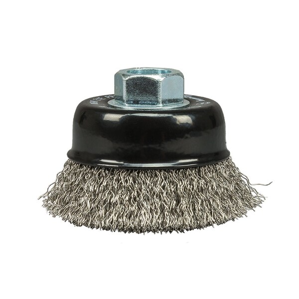 Forney Command PRO Cup Brush, Crimped, Stainless Steel, 2-3/4 in x .014 in x 5/8 in-11 - 72801