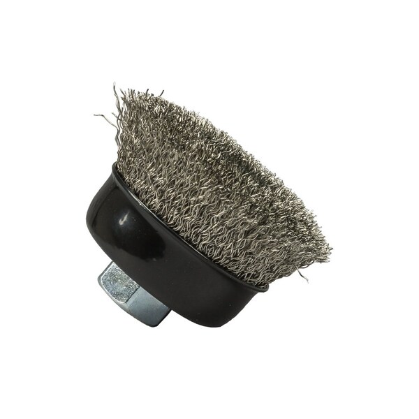 Forney Command PRO Cup Brush, Crimped, Stainless Steel, 2-3/4 in x .014 in x 5/8 in-11 - 72801