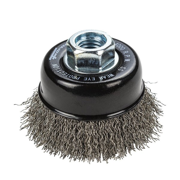 Forney Command PRO Cup Brush, Crimped, Stainless Steel, 2-3/4 in x .014 in x 5/8 in-11 - 72801