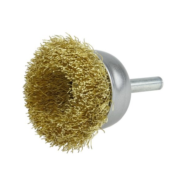 Weiler 1-3/4" Crimped Wire Utility Cup Brush, .006" Brass Fill, 1/4" Stem - 14310