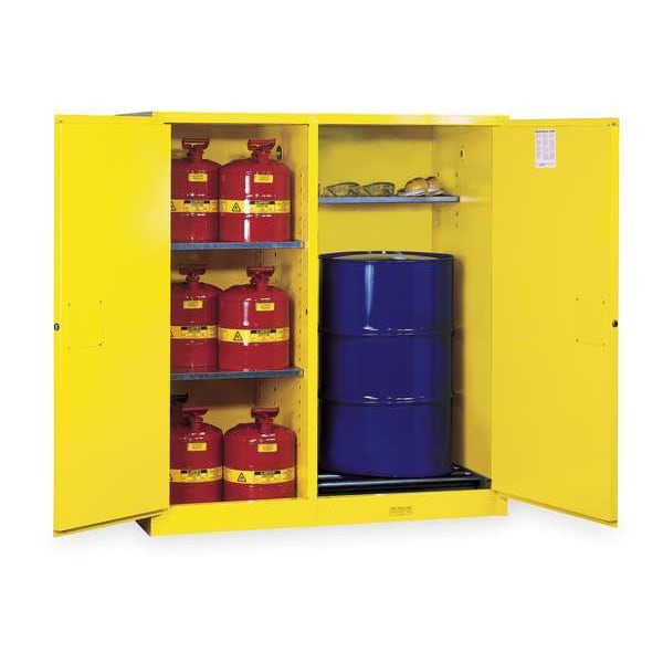Justrite Flammables Safety Cabinet, 115 gal, 3 Shelves, Steel, 59 in W x 65 in H x 34 in D, Yellow - 899260