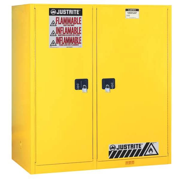 Justrite Flammables Safety Cabinet, 115 gal, 3 Shelves, Steel, 59 in W x 65 in H x 34 in D, Yellow - 899260